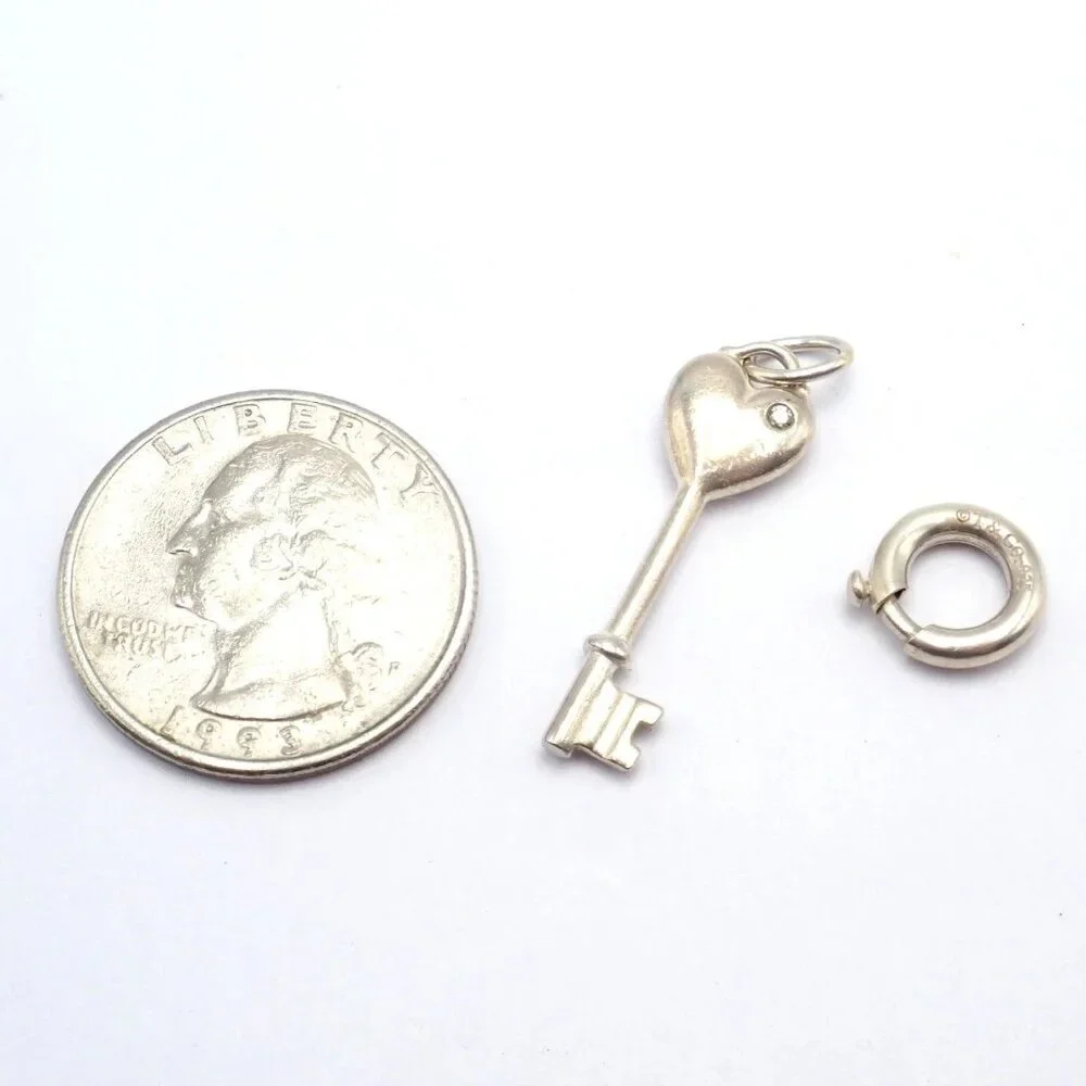 Tiffany & Co. Silver Diamond Key Heart Charm Pendant + Spring Ring Clasp - Picture 4 of 4